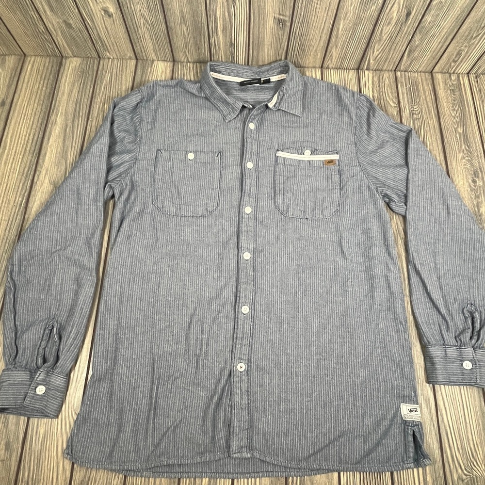 Vans Button Up‎ Shirt Men Large Blue Striped Long Sleeve Skateboard